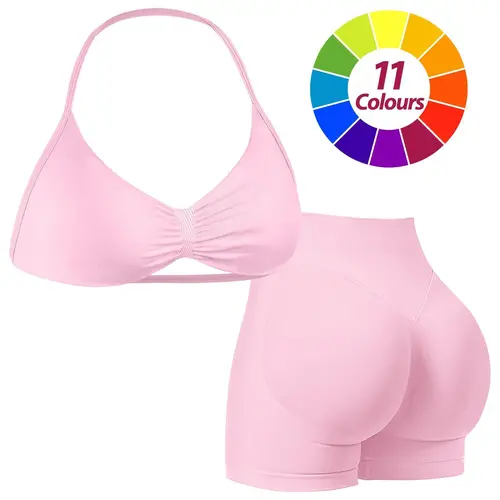 Women's Solid Backless Halter Crop Top & High Waist Shorts Workout Gym Yoga Set, Sporty Breathable Comfy Fitness Outfits for Women, Ladies Gym Clothes, Activewear, Valentine's Day Gift Summer Athletic Wear Sportswear Indoor Outdoor Sports Activewear Set F