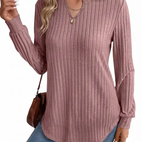 Shewin Women's Casual Striped Lightweight Deep V-Neck Long Sleeve Loose Knit Pullover Top - Silky Viscose-Polyester-Elastane Blend Knitwear, Medium Length, Machine Washable, Soft Ribbed Texture, Ribbed Depth Look, Office-Ready, Outfit-Upgrading Piece,soho
