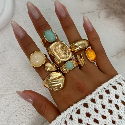 7 Pieces Women's Vintage Fashion Geometric Design Ring Set, Fashion Rings, Bold Metal Statement Multi Ring, Perfect for Daily Wear & Party, Fashionable Jewelry Gifts