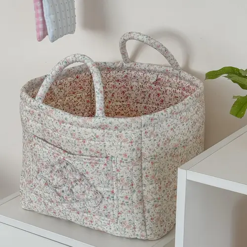 Quilted Cotton Fresh Floral Print Storage Basket - Foldable Decorative Organizer Storage for Clothes, Bedroom Use, Laundry - Machine Washable, Large Capacity Woven Home Accessory for Everyday Use