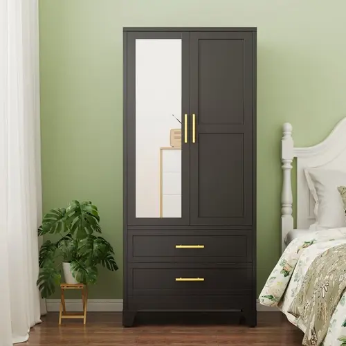 GEITIN Single Unit Cold Rolled Steel Mirrored Armoire Closet - 70.87"H Adjustable High Load-Bearing Rust Resistant Metal Wardrobe, Clothing Organization Storage with Hanging Rod, Mirror, 2 Drawers for Bathrooms to Hang Coats & Dresses