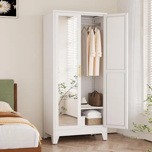 GEITIN 71" Tall Metal Armoire Wardrobe Closet with Mirror, Adjustable Shelves, Hanging Rod - Steel Storage Furniture for Bedroom