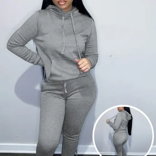 USBoutique Chic Women's Solid Drawstring Hoodie & Pocket Sweatpants Two-piece Set, Casual Long Sleeve Hooded Sweatshirt & Trousers for Fall, Womenswear Fall Clothes for Daily Wear, Downtown Girl Clothes, Girl with Blue Pants 2-piece woman