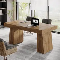 LITTLE TREE 55 Inches Executive Desk, Mid-Century Modern Home Office Desk with Double Trapezoid Base, Wood Computer Desk Business Workstation Desk Small Conference Table（2.0 have drawers）