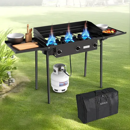 ROVSUN 2/3-Burner Propane Gas Stove - Outdoor Cooking Supplies, Windproof Camping Stove with Side Shelf, Carry-Bag Ready, Wind-Panel Shield, CSA Listed Regulator, 150000/225000BTU for Camping, Patio Use, Camping Gear, Gas Tools