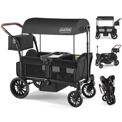 #sohochic HARPPA Toddler Wagon Stroller - Unisex Iron Frame Portable Foldable 2-Seat/4-Seat Stroller with Canopy, Push-Pull Handle, EVA Foam All-Terrain Wheels, Large Storage, Multi-Use for Outdoor/Camping