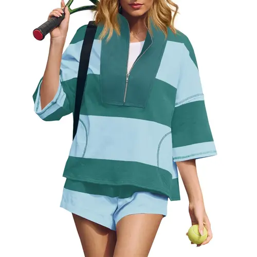 Fisoew Women's 2-Piece Striped Activewear Set - Sweatshirt & Workout Shorts Matching Lounge Jogging Suit, Women's Clothes for Summer #Springtok #TikTokShopJumpstartSale, Jogging Suit Set, 2 Piece Sets, Matching Sets For Women, Workout Sets Women, Gym Work