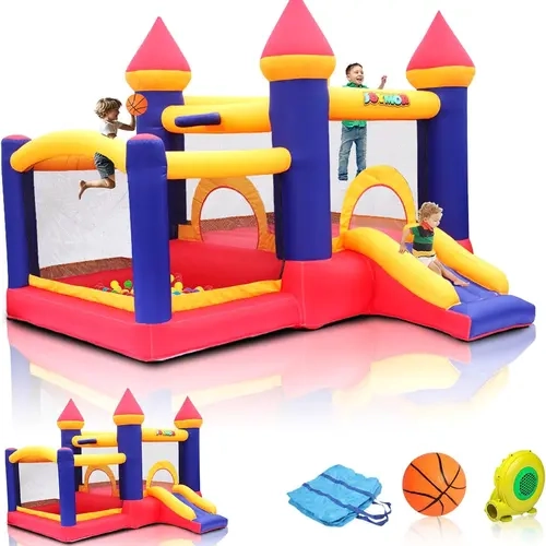 JOYMOR Inflatable Bounce House for Kids with Ball Pit, Inflatable Bouncing Castle Play Center w/Air Blower Pump, Jump'n Slide Bouncer for Indoor and Outdoor
