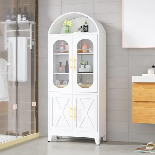GEITIN 73" Tall Sturdy Metal Arched Kitchen Pantry Cabinet, Modern Farmhouse Storage Cupboard with Clean Lines, Anti-Tipping Design, Doors, Adjustable-Removable Shelves, Scratch-Resist Coat & Open Storage for Office