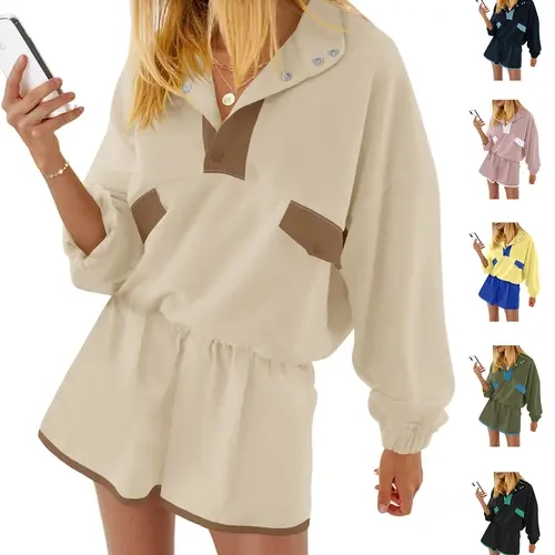 FISOEW Women's 2-Piece Loose Tracksuit - Soft Fabric Mock Neck Long Sleeve Pullover & High Waist Pocketed Outfit, Springfashion Everyday Wear for Gym, Sets for Women 2 Piece