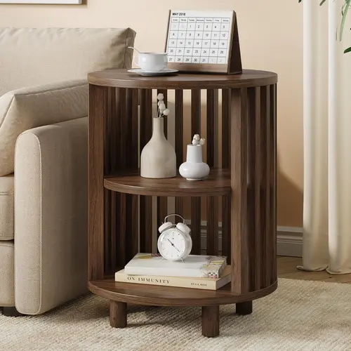 【SohoChic】ONBRILL Round End Table, Wood Bedside Table, Mid Century Modern Nightstand with Open Storage Shelf, 3 Tier Small Side Tables for Living Room, Bedroom, Curved Profile Design, Natural Oak(2-Pack)