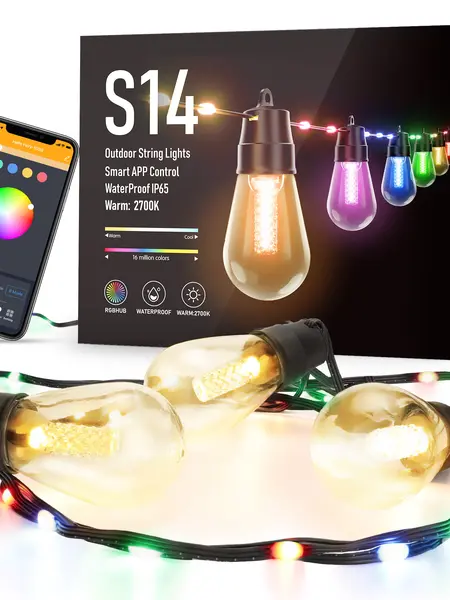 FLACCHI Smart Outdoor S14 String Lights - 46ft Waterproof Shatterproof Bluetooth APP Remote Control Dimmable RGB & Warm White LED Color Changing Led Bulbs, Halloween Garden Light Decor, Outdoor Gadgets for Patio Home Improvement