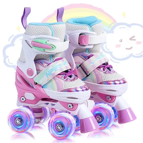 NPET Adjustable Youth Roller Skates - Light-Up Wheels Quad Skates, Safe Comfortable Beginner Pairs for Indoor/Outdoor Use, Colorful Birthday Gift for Girls, Adjustable Youth Rollerskates,sohochic