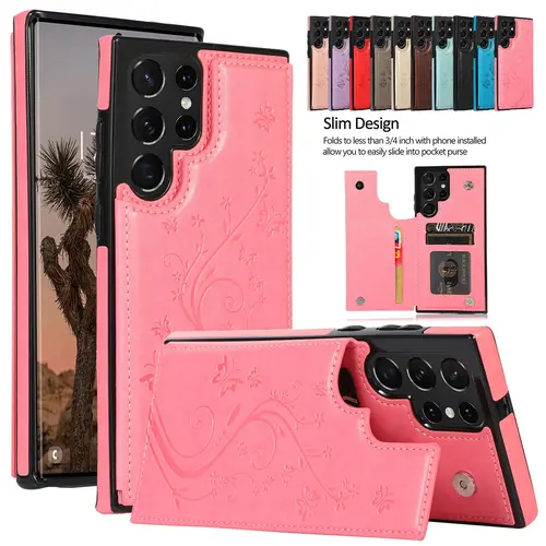 HISTORYOO For Samsung Galaxy S26 Ultra S25 S24 Plus S23 FE S22 Case Soft PU Leather Retro Embossed Butterfly Flower Shockproof Wallet Double Magnetic Clasp Protective Flip Fold Stand 3 Card Slots Pocket Women Soft Folio Cover Mom