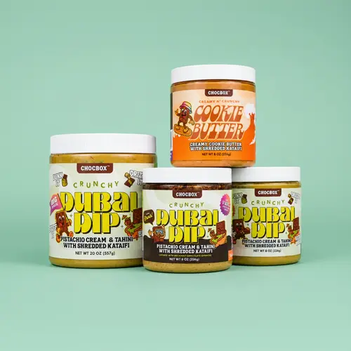 Chocbox Dubai Dip - Pistachio Cream & Tahini Mix with Crispy Kataifi, Cookies, Palm Oil & Sunflower Lecithin - 8oz & 20oz Jarred Ambient Pantry Food