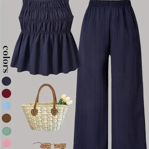 Two-Piece Set Women's Basic Solid Color Cami Top & Wide Leg Pants Set, Street Fashion Casual Outfits for Daily Outdoor Wear, Ladies Clothes for All Seasons