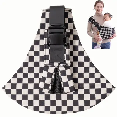 LUJIFO Checkerboard Side Baby Carrier, Lightweight Cotton Linen Sling Carrier for Toddler, Easy Carry Babywearing Essential