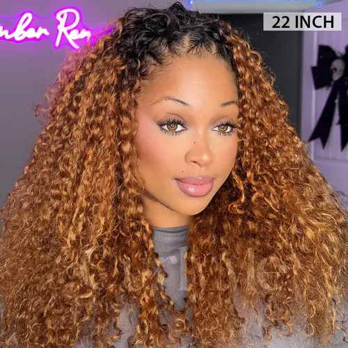 CurlyMe 3 IN 1 Blonde Color Burmese Curly & Water Wave Wear Go Glueless Half Wig With Black Roots 180% Density Natural Blend Seamless Flip Over Human Hair Wigs With Drawtring Invisible Hairline No Lace Beginner Friendly