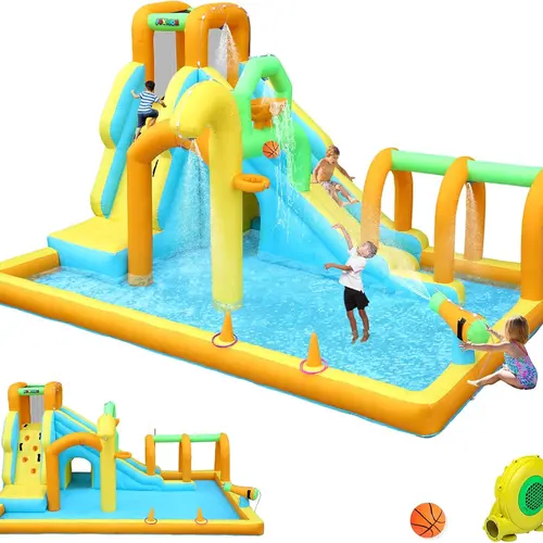 JOYMOR 10-in-1 Inflatable Waterslide Bounce House with Water Bucket, Tunnel, Water Cannon, Basketball Hoop, Ring Toss, 1min Blow Up (Includes Air Blower) for Kids Outdoor Play, Multiple Games, 8-10 Yrs Backyard Park