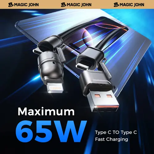 MAGIC JOHN USB Type-C Charging Data Cable, 4-in-1 65W Fast Charging, Liquid Silicone & Aluminum Alloy Braided Cable for Smartphone, Cellphone, Mobile & Electronic Devices, Black & Gray, Adapter, Durable