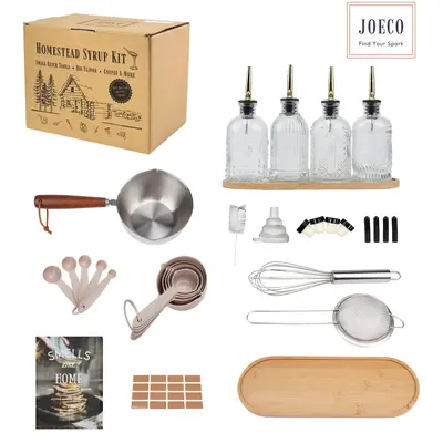 Homemade Coffee Syrup Kit | 4 Embossed Vintage Glass Syrup Dispensers, Saucepan & Recipe Book for Vanilla, Caramel, Brown Sugar & Seasonal Syrups | Coffee Bar Essentials & Gift for Coffee Lovers