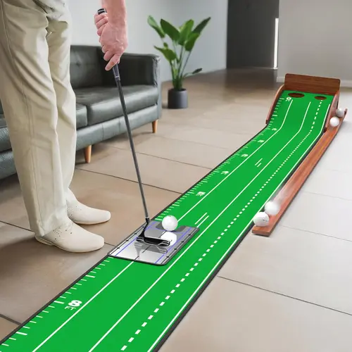 SAPLIZE Portable Golf Putting Mat - Golf Practice Equipment & Training Aids with Bamboo Base, Crystal Velvet Surface, Automatic Ball Return, Alignment Mirror, Dual Holes, Distance Markers for Indoor Practice