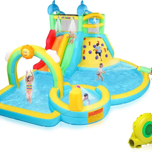 JOYMOR Inflatable Waterslide Bounce House Water Park - Kiddie Inflatable Water Playset with Bucket, Climbing Wall, Pool, Rainbow Sprinklers, 1min Blow-Up, Strong Blower, Carrying Bag (10-in-1 Backyard Slide)