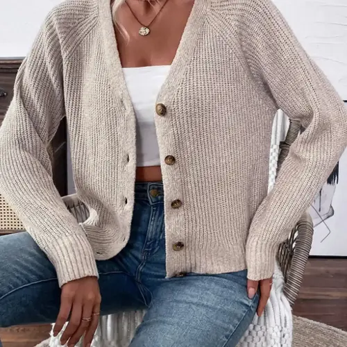 Women's Knitted V-Neck Cardigan with Ribbed Buttons, Long Sleeve Fashionable Commuter Style for Spring & Autumn, Elegant Women's Sweater, Casual Elegant Knitwear