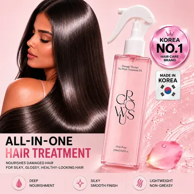 GROWUS Due Rose Damaged Hair Leave-In Treatment Spray 250ml - Haircare Beauty Products, Leave In Conditioner for Adults Wavy Dry Hair, Ceramide Keratin 7 Collagen, Anti-Frizz Glossy Shine, Rose Musk Perfume