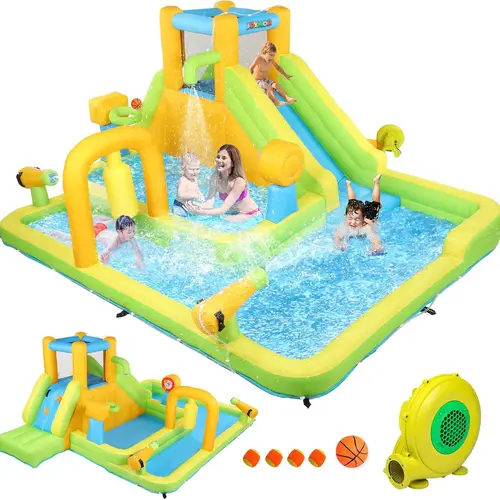 JOYMOR Inflatable Waterslide Park - Backyard Pool Bounce House Water Park with 83x40 in Deep Pool, Shower Spray, Sticky Ball, Climbing Wall, Air Blower for Kids Backyard Outdoor Water Fun