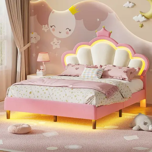 Sikaic Pink Princess Crown Bed Frame with LED Lights, Velvet Upholstered Platform Bed for Girls, Adjustable Headboard, No Box Spring Needed, Modern Bedroom Furniture for Teen Girls, Home Furniture Christmas Gifts [SohoChic]