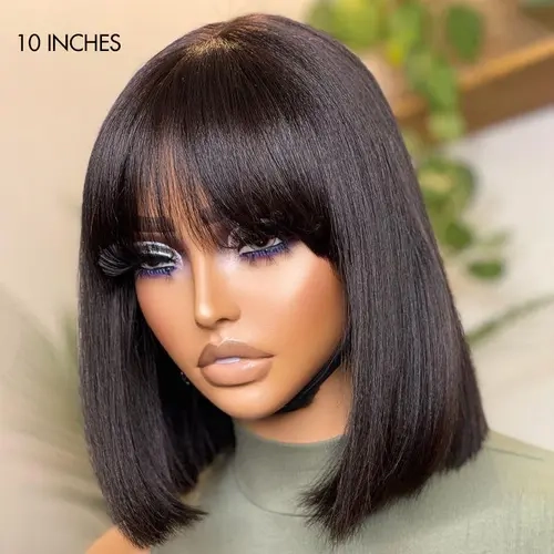 Luvme Human Hair Lace Front Wig, Put-On-And-Go Yaki Straight Bob With Bangs, Glueless Minimalist Undetectable HD Lace, 2-Year Longevity, Two-Year Longevity