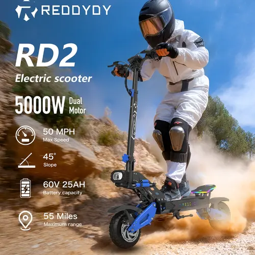 REDDYDY RD2 5000W Off-Road Electric Scooter for Adults - 50 MPH,60V 25Ah Battery,55-Mile Range,Dual Motor, 10.5" Tires,Hydraulic Brakes,Front&Rear Suspension,Foldable,Best Gift, Summer Vibes sohochic