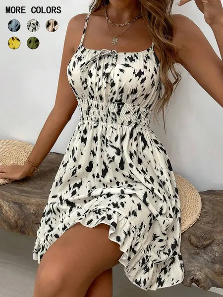 Women's Fashion Print Slim-Fit Mini Dress Spaghetti Strap Design, All-Season Wear, Unlined Comfortable Style Summer Dresses