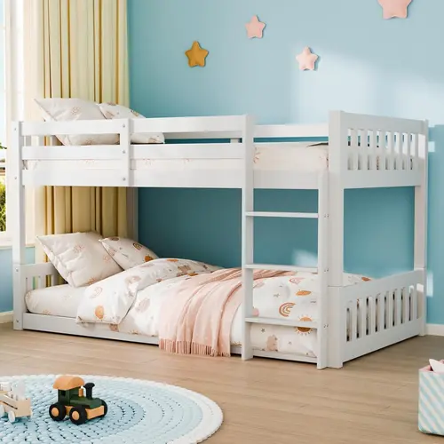 JOYMOR Solid Wood Low Twin Over Twin Bunk Bed for Kids/Junior, Bunk Bed Frame with Guardrails & Ladder for Boys Girls, No Box Spring Needed,sohochic