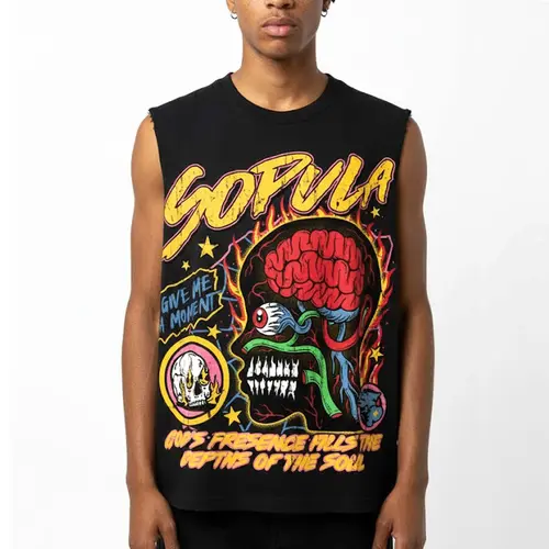 Men's Retro 100% Cotton Loose Sleeveless Top Vest, Vintage Skull Badge Print Punk Streetwear Clothing, Round Neck Summer Male Graphic Tank Top, Men's Clothing,sohochic