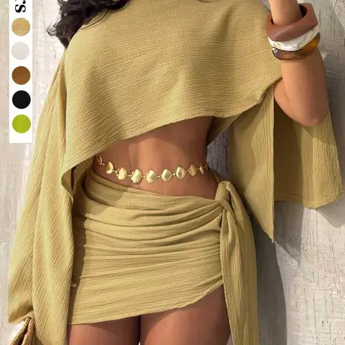 Women's Summer Casual Resort Two‑Piece Set, Beach Vacation Style Textured Outfit, Off‑Shoulder Loose‑Fit Cape Top + Adjustable Wrap‑Tie Mini Skirt