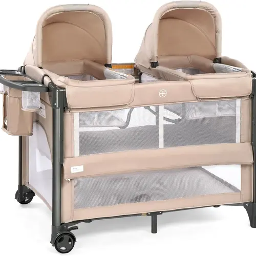 JOYMOR Twin Bassinet for Baby, Bedside Bassinet, Convertible to Bedside Sleeper & Playpen Foldable Portable Sleeping Cot with Wheels & Brake,sohochic