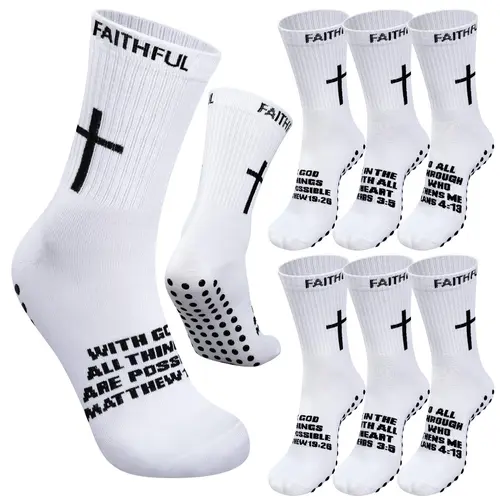 6 Pairs Cross Grip Socks Christian Anti-Slip Socks Soccer Bible Verse Athletic Socks for Youth Men Women's Outdoor Sports Comfortable Fit