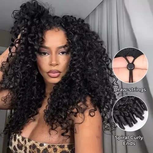 Bling Hair Glueless Half Wig Burmese Curly Upgrade 3 IN 1 Half Wigs Human Hair With Drawstring Cap Invisible Hairline 180% Density Ready to Wear Human Hair Half Wig SoHoChic Style #SohoChic