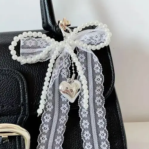 Exquisite lace bow pendant, pearl heart-shaped pendant bag keychain pendant, sweet cute accessories princess style, fashion all-match, bag pendant jewelry, bag pendant decoration, Bag Accessory, Girly Purse Accessories