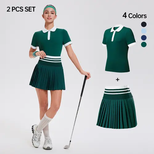 Women's 2-Piece Activewear Clothing Set - Colorblock Nylon Short/Long Sleeve Polo, High-Rise Zipper Fly Tennis Skirt, Sporty Chic for Golf & Tennis, Blue-Long Sleeve Option, Women's Clothes,sohochic