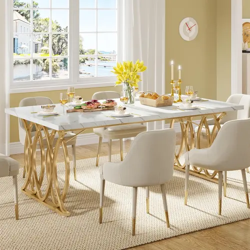 LITTLE TREE Modern Dining Table, 63" Large Kitchen Table for 4-6 People, Unique Rectangular Dinner Table Kitchen & Dining Room Furniture with Faux Marble Tabletop and Geometric Legs（Only Table）