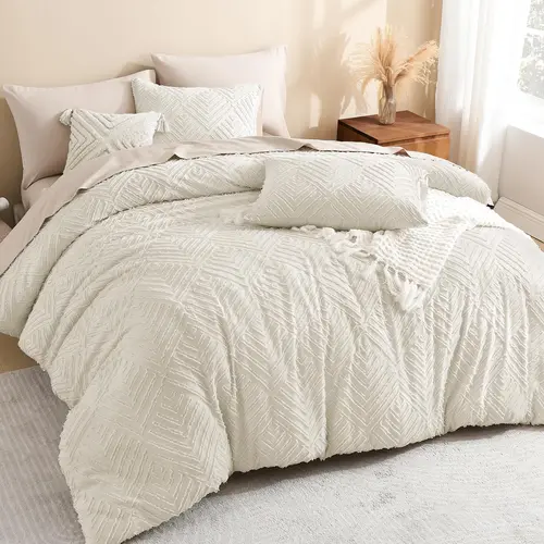 Litanika 3-Piece Tufted Boho Bedding Set - Fluffy Farmhouse Comforter with 2 Pillowcases, Geometric Tufts, All-Season, for Aesthetic Room Decor, Room Decor (King Size Option Available),back to school,back to school shopping,home decor,sohochic