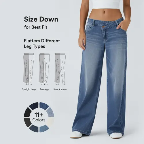 Halara Flex™ Asymmetric Low Rise Zipper Pockets Baggy Wide Leg Washed Casual Jeans