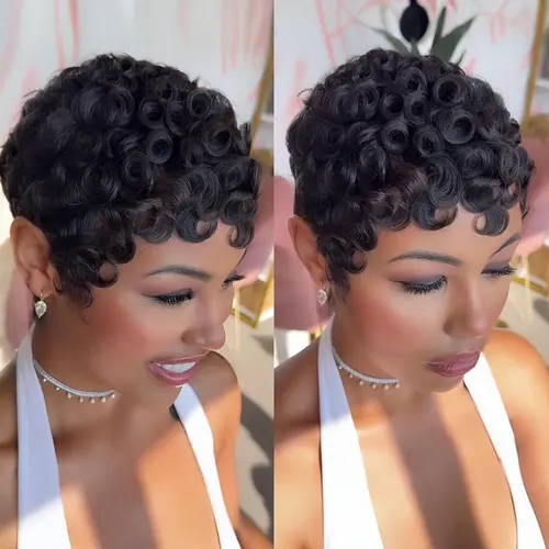 ShowReal 025 Chioma Wig Short Pixie Cut Wig Pin Curls Black Mommy Wig Curly Bomb #99J #1B/30 #4 #1B/4/27 #4/30/4 Colorful Brizalian Virgin Human Hair  Style Wigs For Black Women