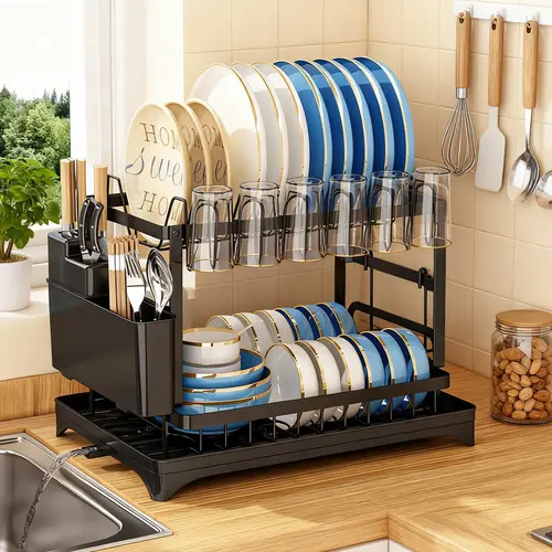 Bepatio 2-Tier Carbon Steel Baking Paint Dish Drying Rack, Home Storage Organization with Rapid Drainage System Sink Tray, Cutlery Holder, Cutting Board Holder, Anti-Slip Kitchen Countertop Organizer for Plates, Bowls, Apartment Accessories