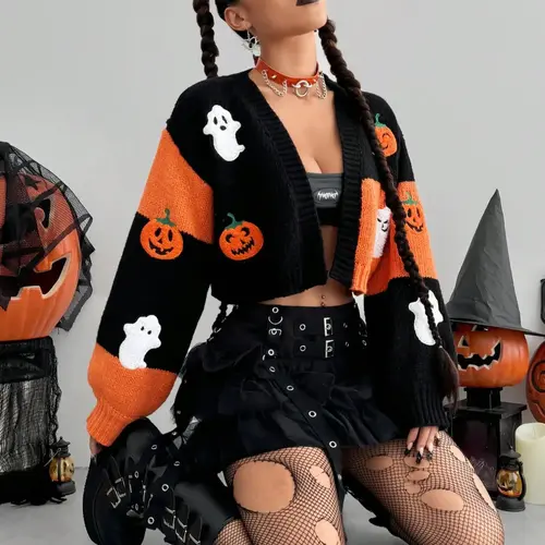 Women's Halloween Colorblock Pumpkin Embroidered Loose-Fit Short Cardigan, Casual Fall & Winter Knitwear, Moderate Fabric Thickness, Embroidered Sweater