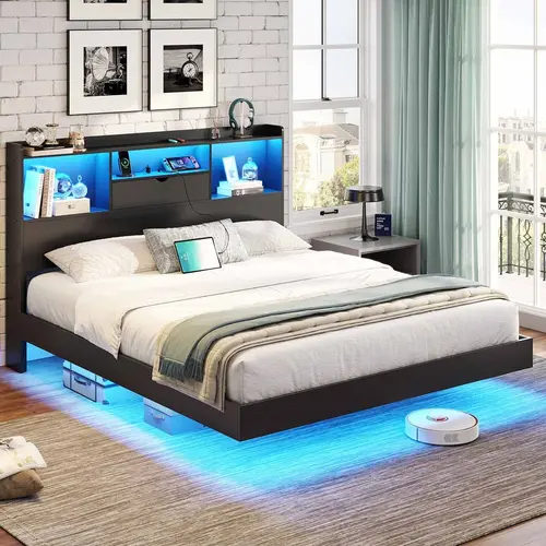 Sikaic Floating Bed Frame with LED Lights & Storage Headboard, Modern Visual Floating Platform Bed with Charging Station, Sturdy Metal Bed Frame, No Box Spring Needed, Easy Assembly, Home Furniture Christmas Gifts [SohoChic]