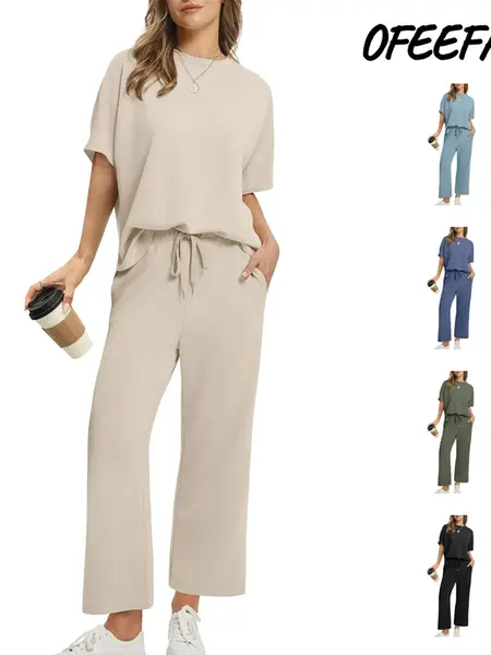OFEEFAN Two Piece Sets for Women Summer Outfits Oversized Wide Leg Crop Pants Lounge Sets Airport Beach Vacation Clothes |(Size Up 1-2 for Oversized Look) Casual Shortsleeve